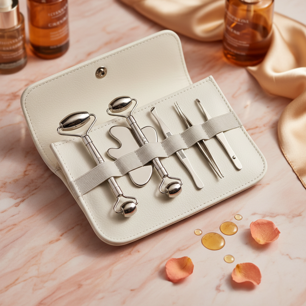 Skincare tools in white pouch on gold marble
