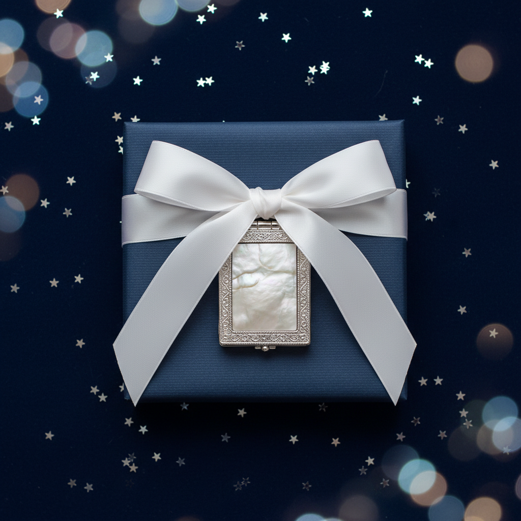 Compact mirror gift wrapped with white ribbon on navy blue background