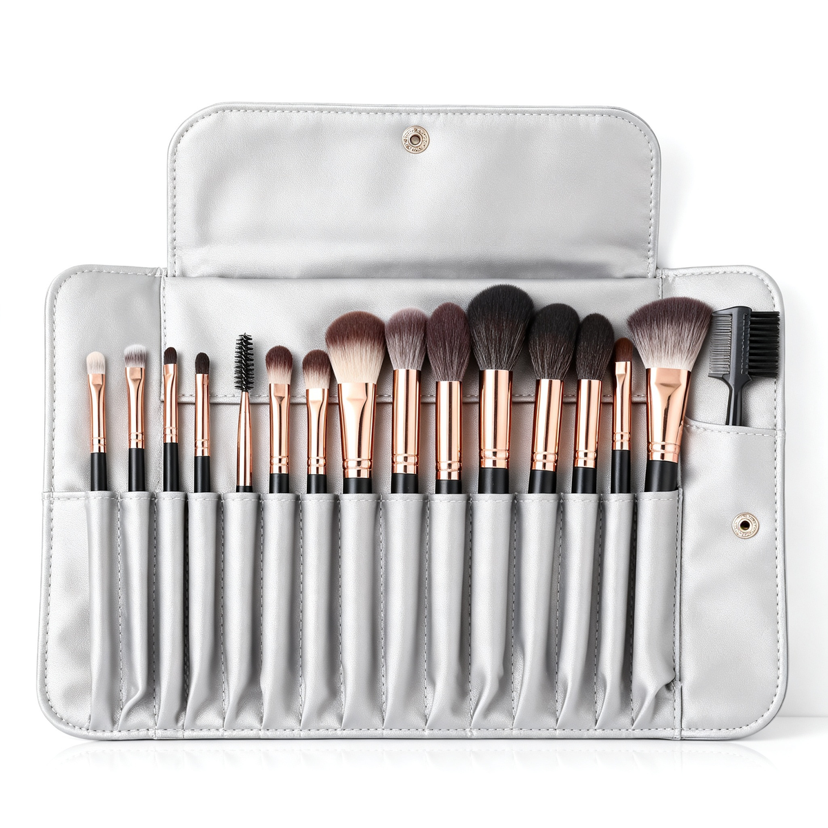 15-piece professional makeup brush set in silver PU leather roll case with rose gold ferrules