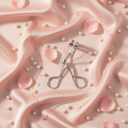 Eyelash curler – blush pink satin pearl flatlay