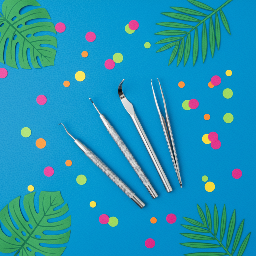 Skincare tools on cobalt blue background with tropical leaves