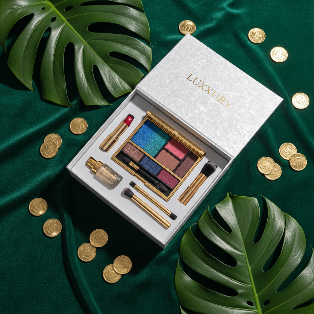 White makeup gift set on emerald green velvet with gold coins and monstera leaves