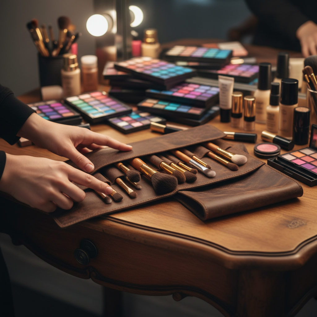 Makeup artist unrolling brown leather brush case on vanity with studio lighting