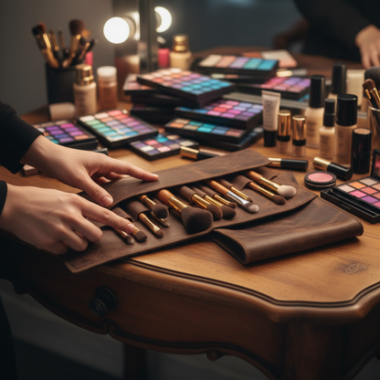 Makeup artist unrolling brown leather brush case on vanity with studio lighting