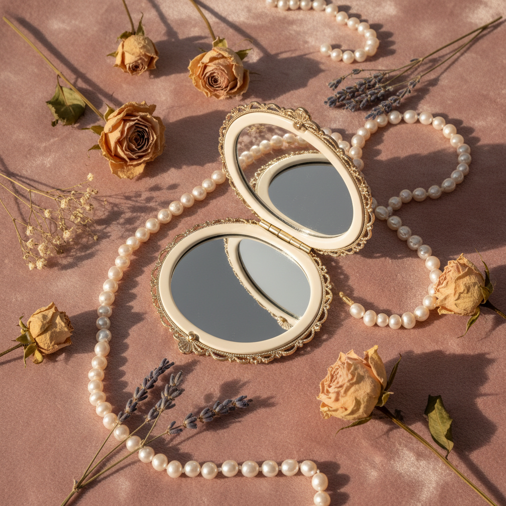 Compact mirror on rose pink velvet with dried flowers and pearls