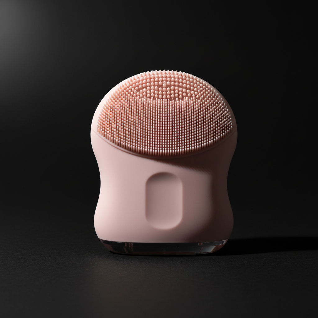 Pink silicone facial brush – dramatic black background editorial