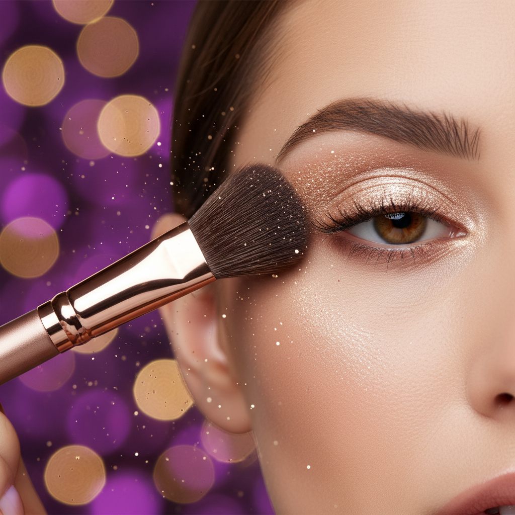 Close-up model applying eyeshadow with rose gold brush
