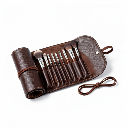 Brown leather makeup brush roll with 8 brushes on pure white background