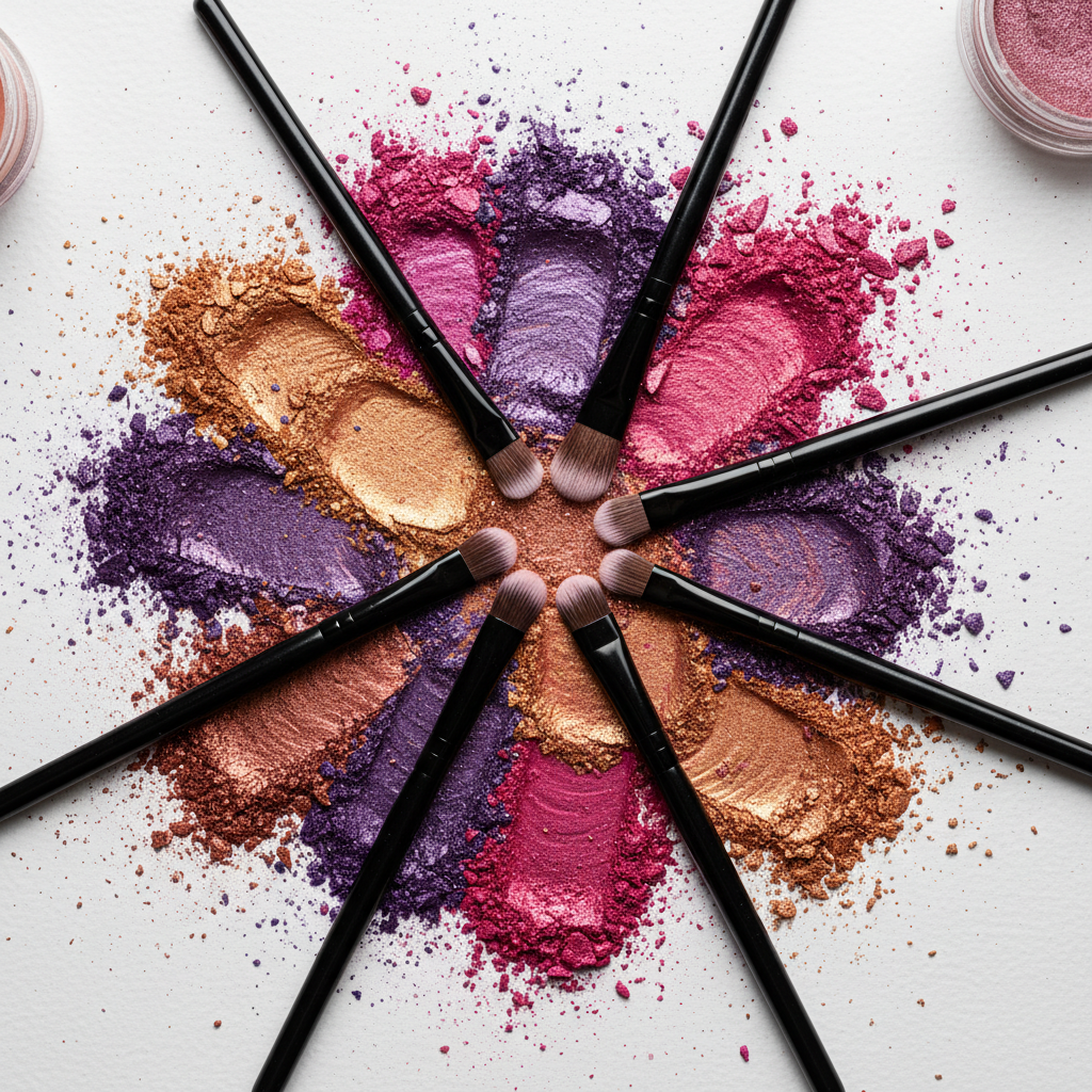 Brushes with colorful eyeshadow swatches