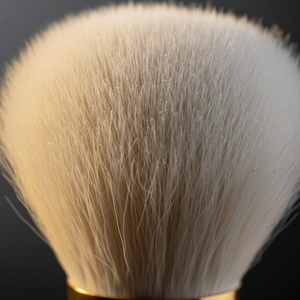 Macro close-up of ultra-soft white powder brush bristle fibers in golden light