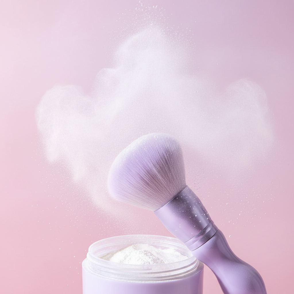 Kabuki brush swirled in loose powder creating powder cloud on pink background