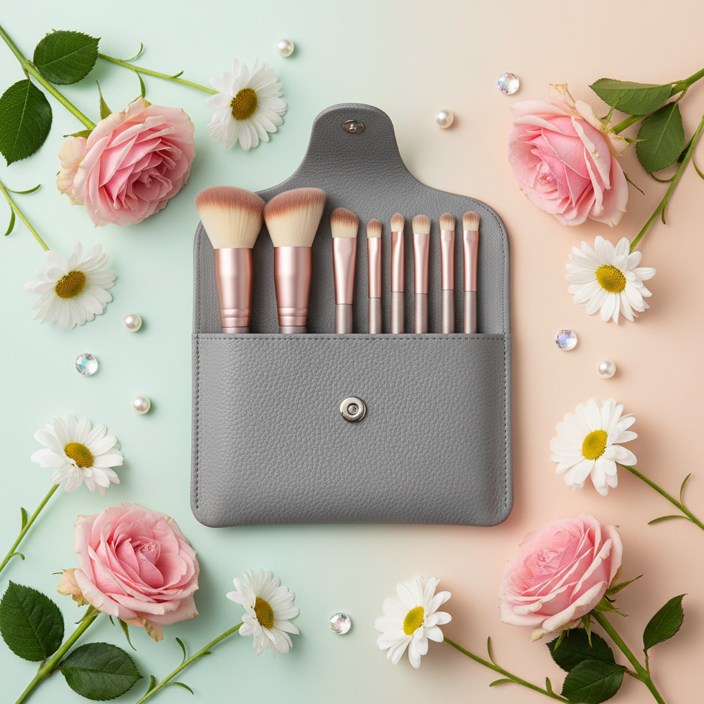 Makeup brush set on mint peach background with roses and daisies