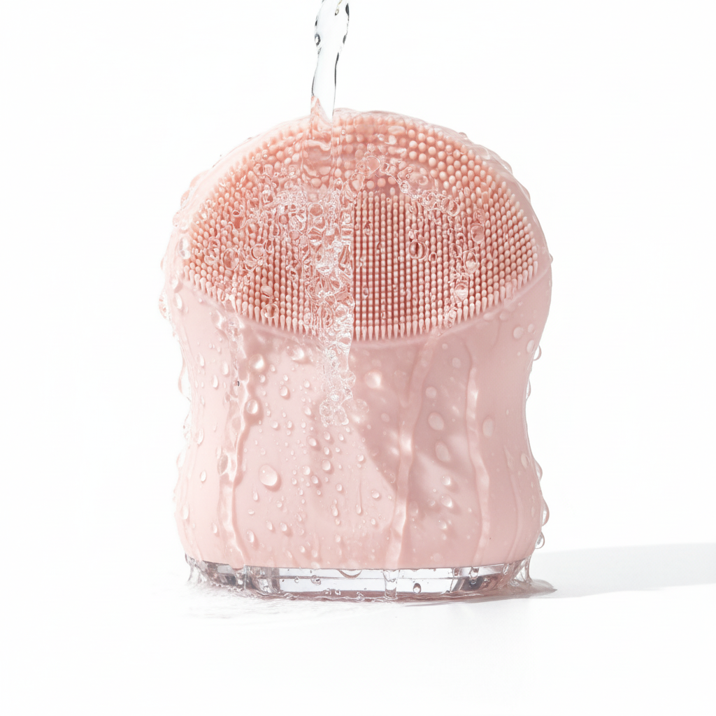 Pink facial brush being rinsed under water – waterproof feature