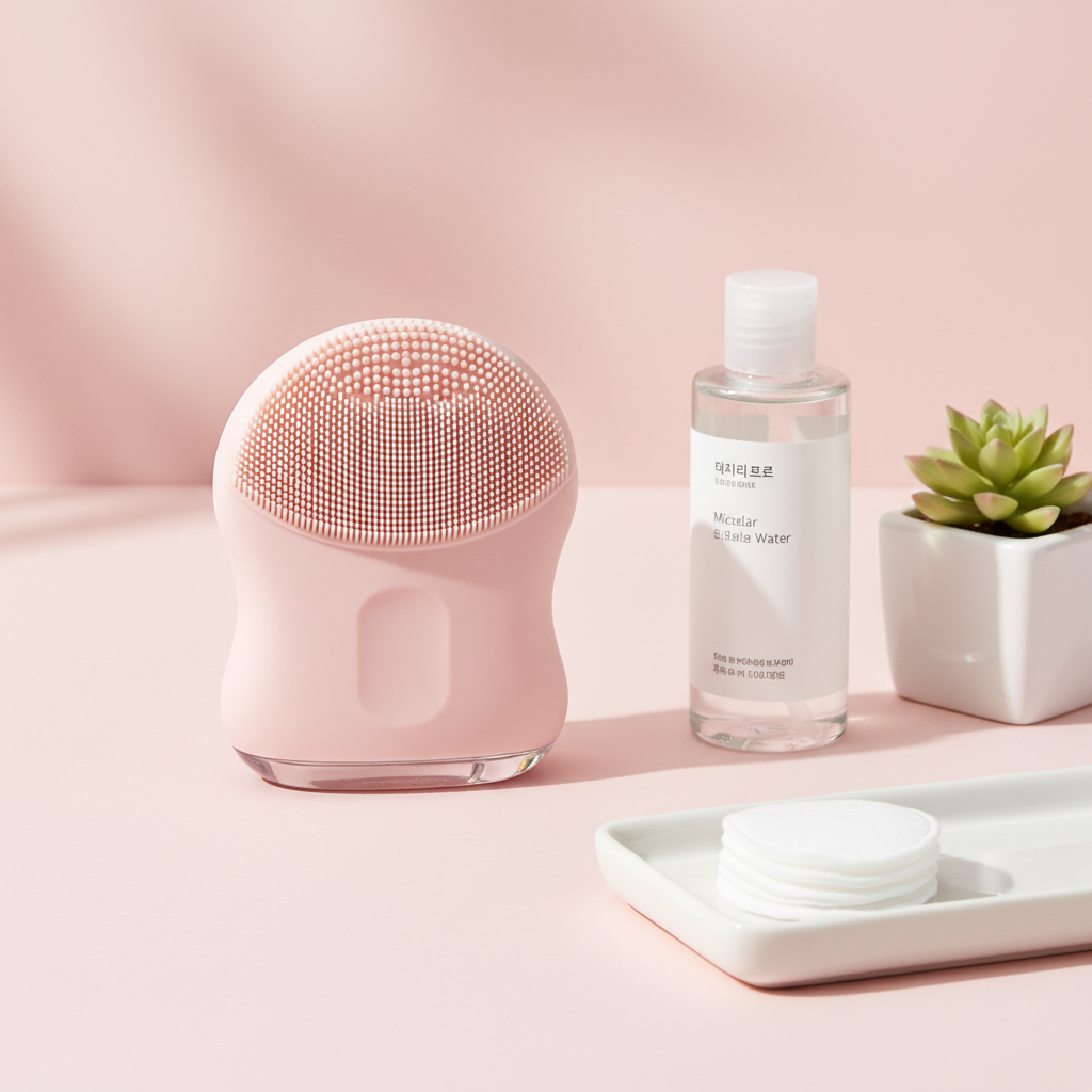 Pink facial brush – pastel Korean beauty skincare scene