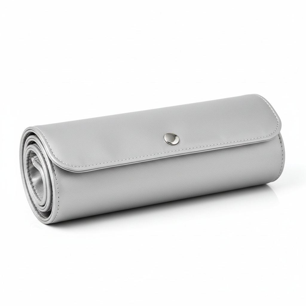 Silver PU leather roll case closed – travel makeup kit