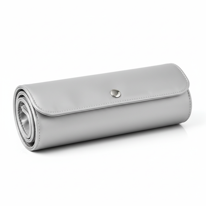 Silver PU leather roll case closed – travel makeup kit
