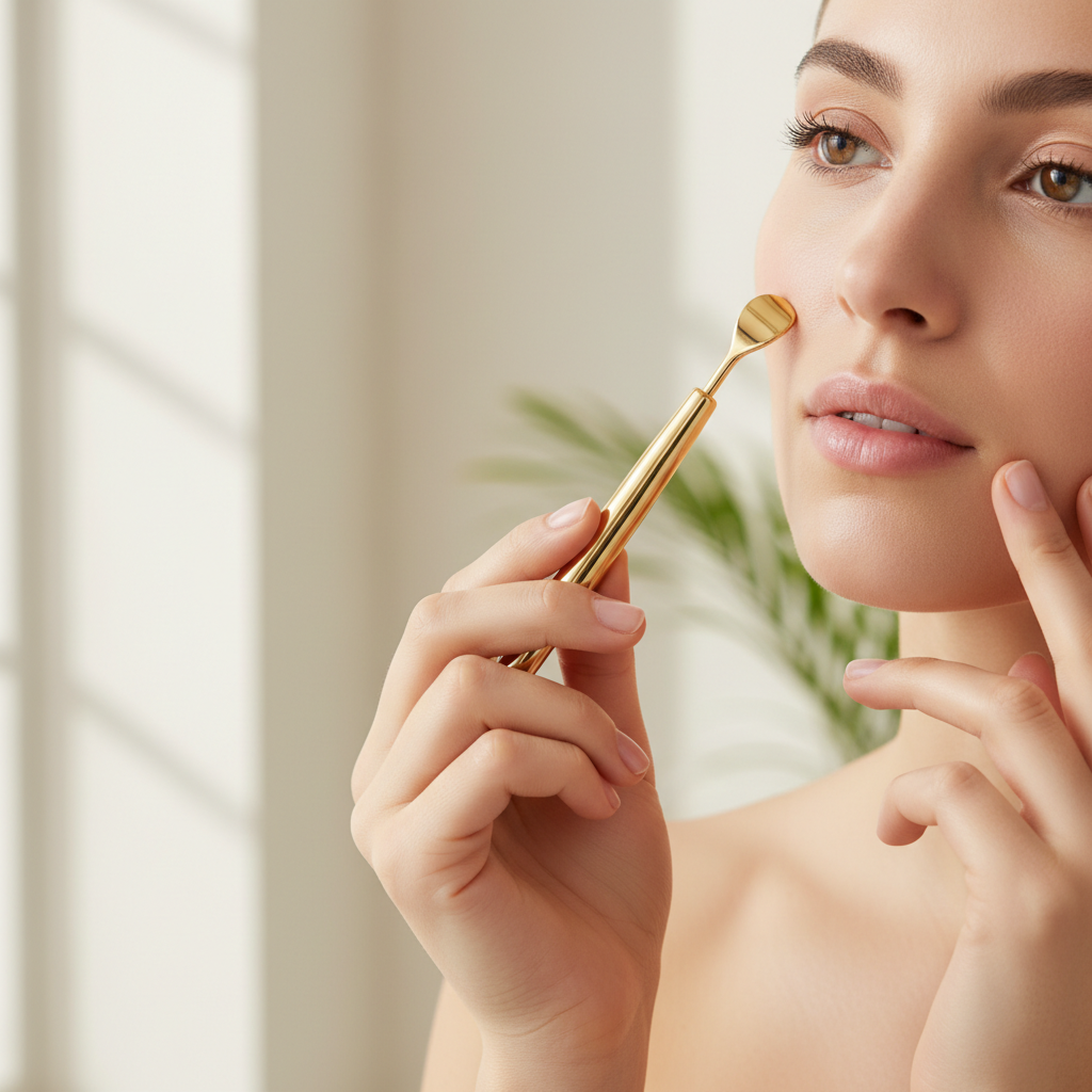 Woman with manicured hands holding gold blackhead extractor near face in natural light