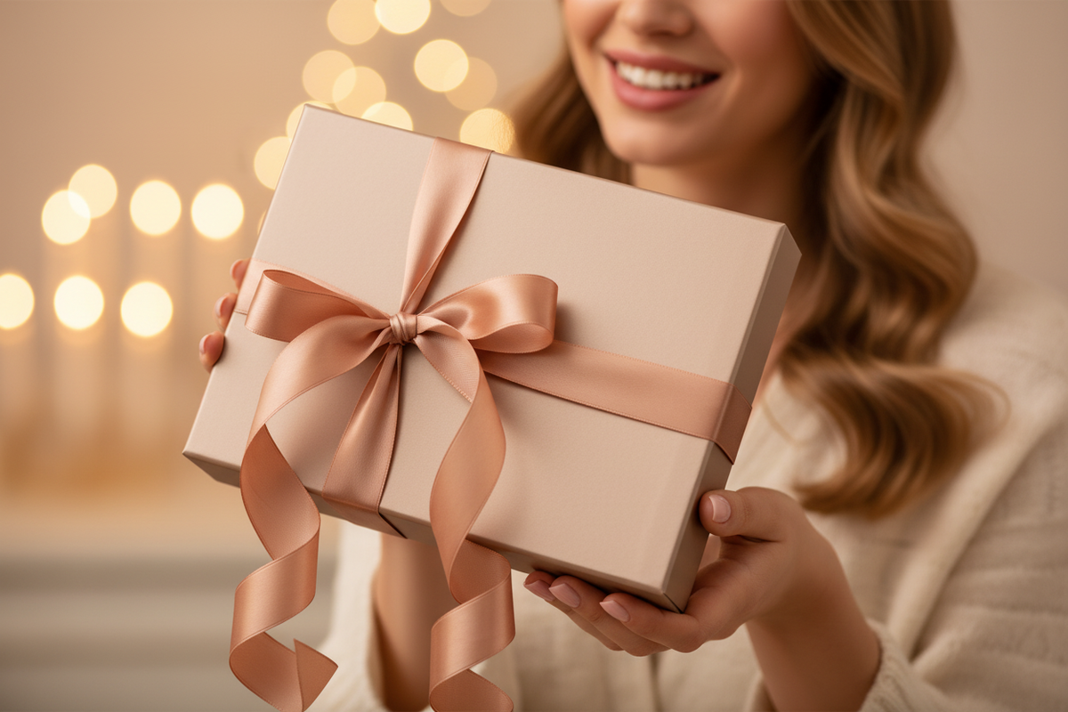 Hands holding luxury beige makeup gift box – gifting moment