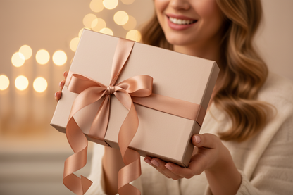 Hands holding luxury beige makeup gift box – gifting moment