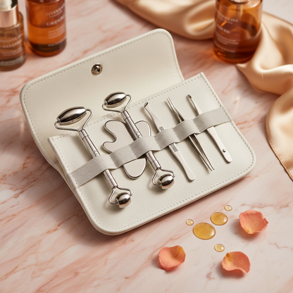 Skincare tools in white pouch on gold marble