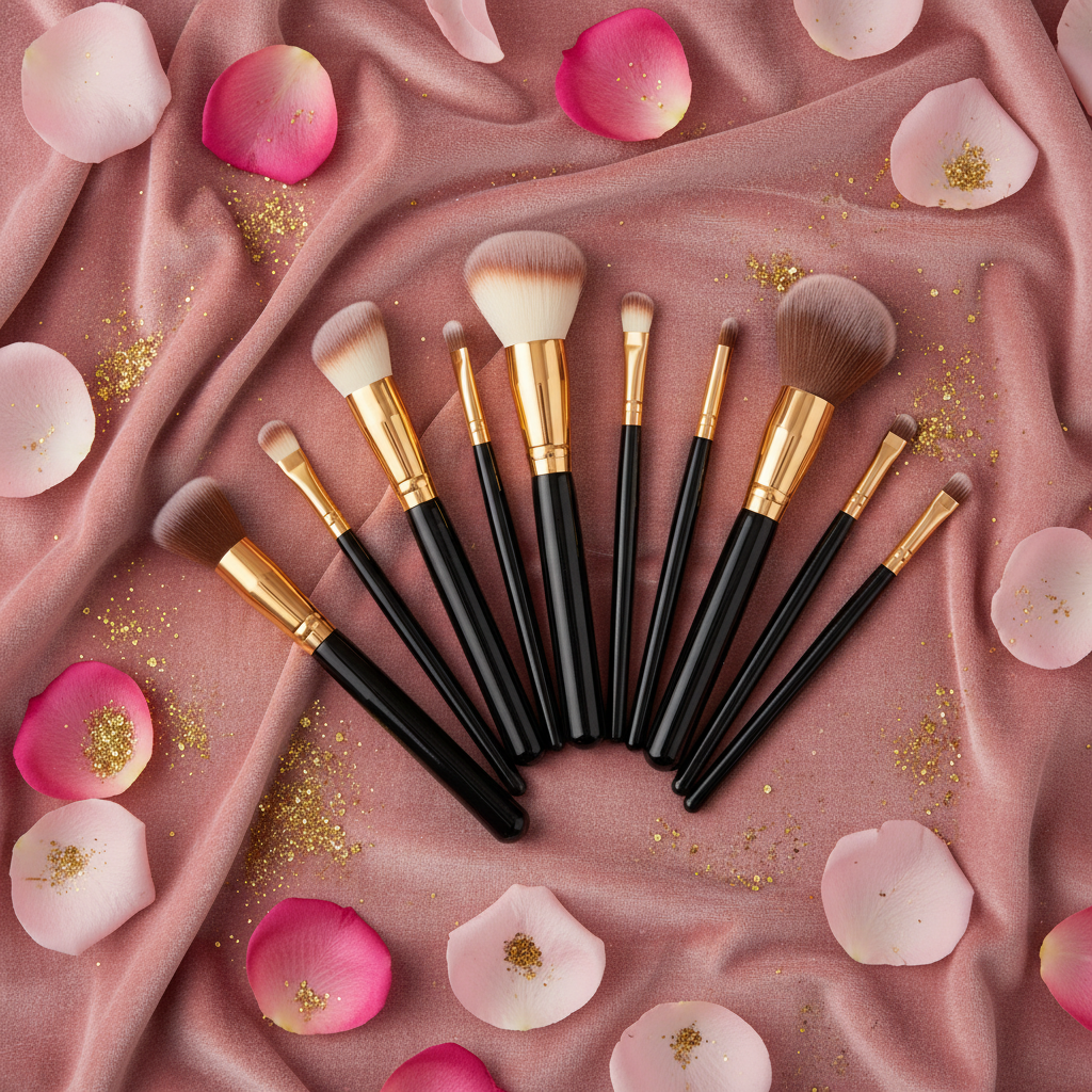 Brushes on pink velvet with rose petals