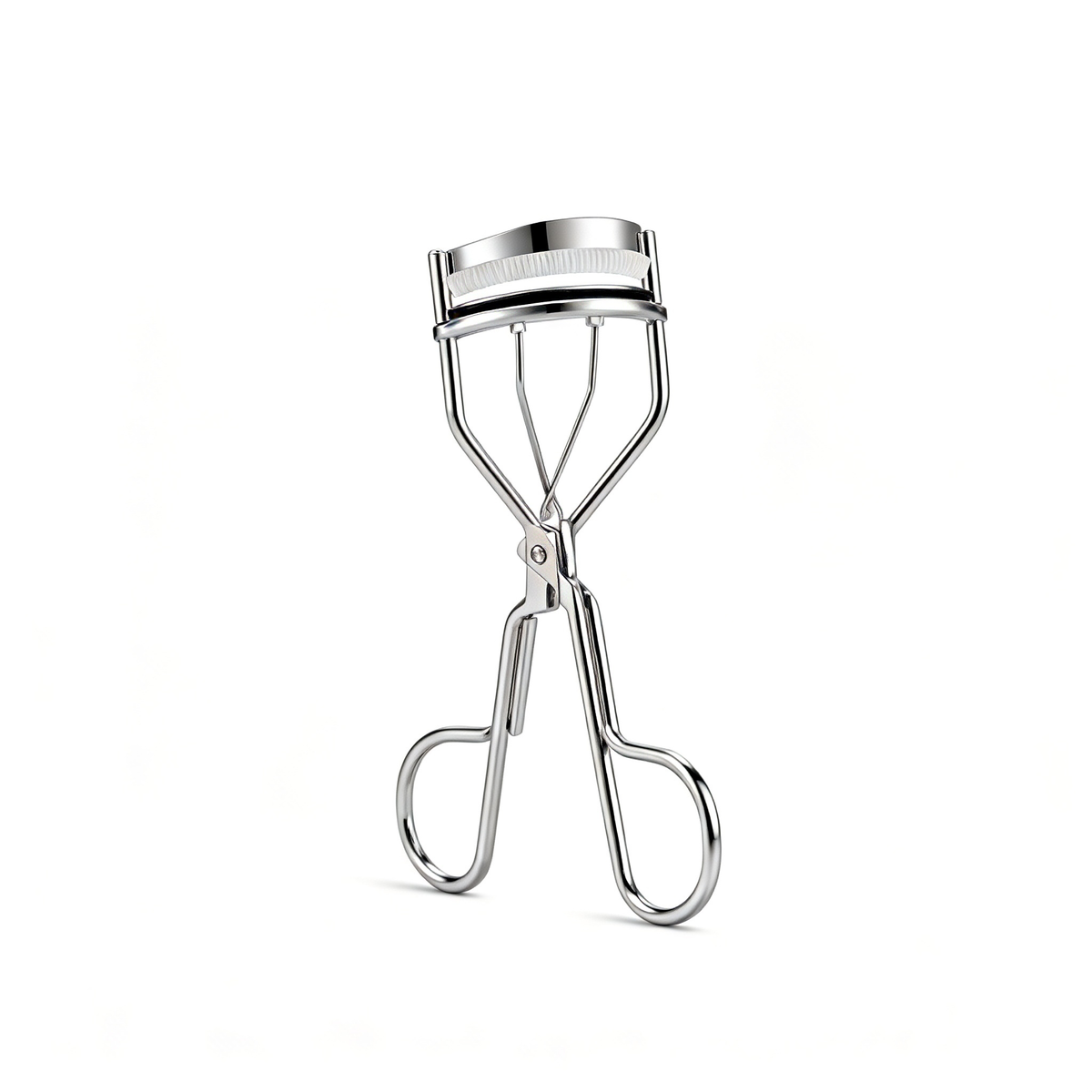 Professional stainless steel eyelash curler with white silicone pad