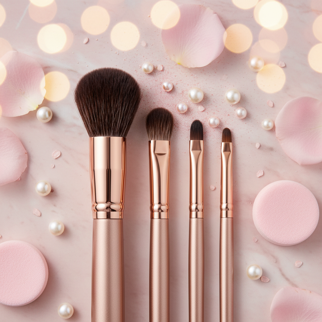 Rose Gold Brush Set – pink marble rose petal flatlay