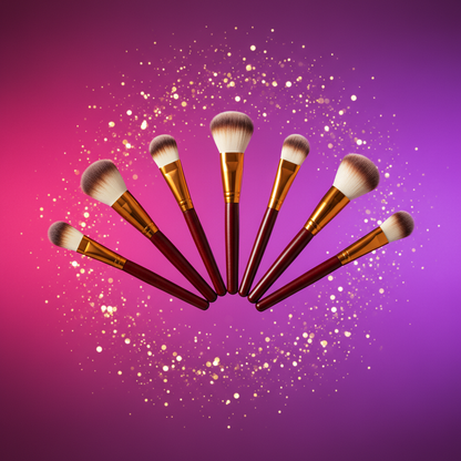 8 brushes in fan formation on fuchsia purple ombre with gold glitter bokeh