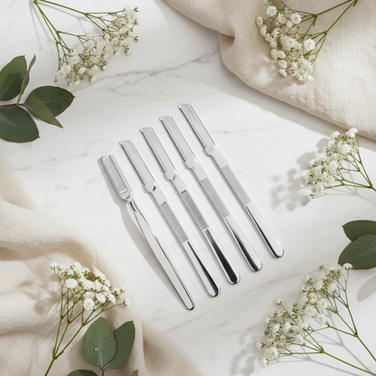 5-piece brow set – white marble floral spa flatlay