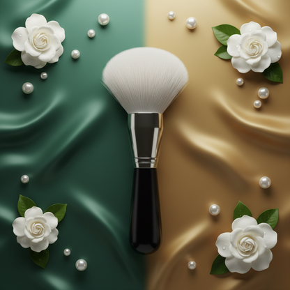 White cloud powder brush on emerald green gold ombre with pearls and gardenias