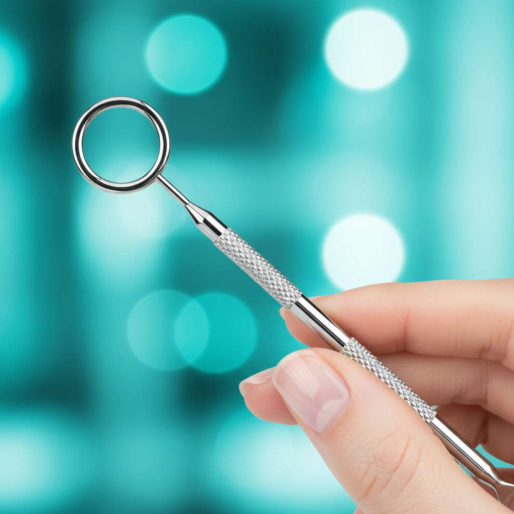 Close-up hand holding blackhead extractor – teal macro shot