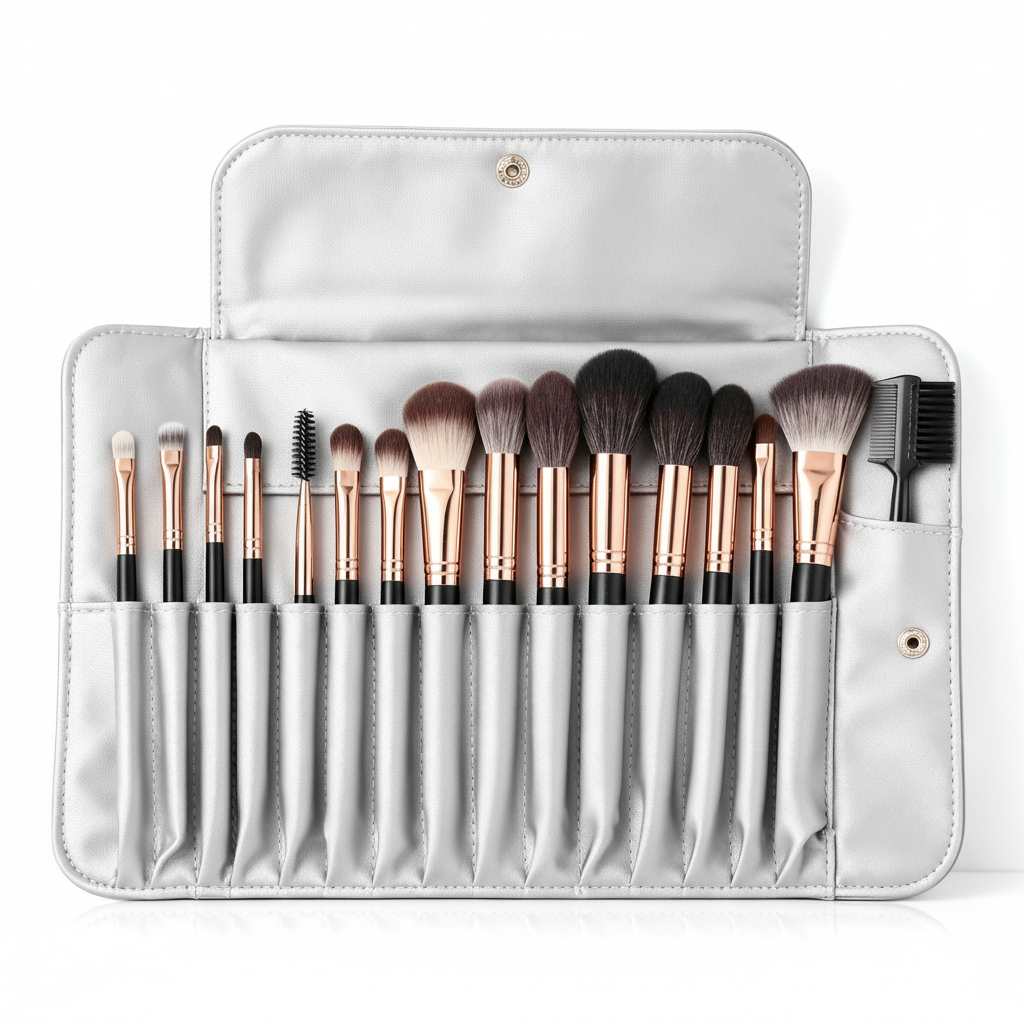 15-piece brush set in open silver case – white background studio shot