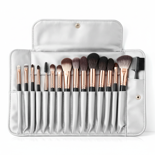 15-piece brush set in open silver case – white background studio shot