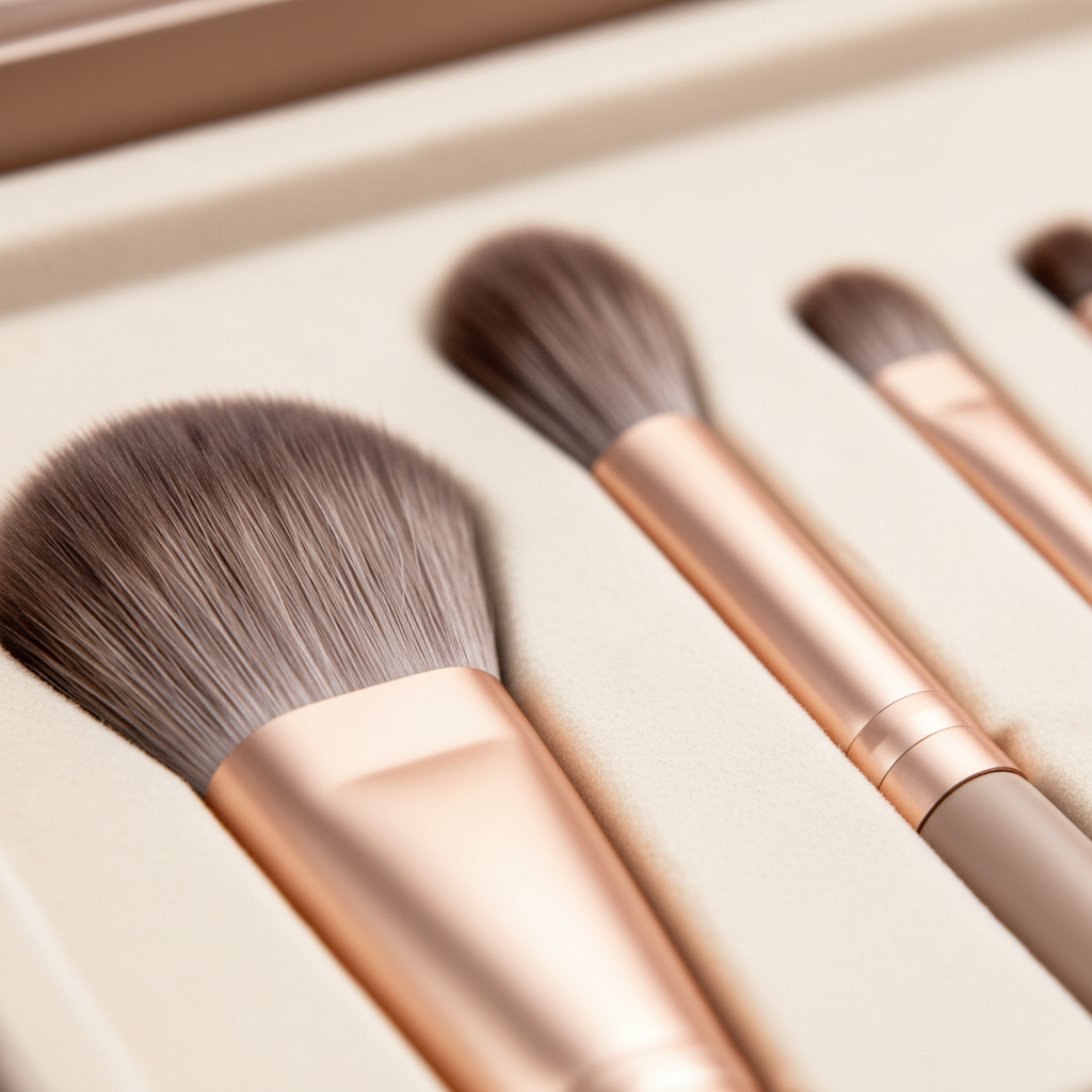 Rose gold eyelash curler and brush bristles – macro detail shot
