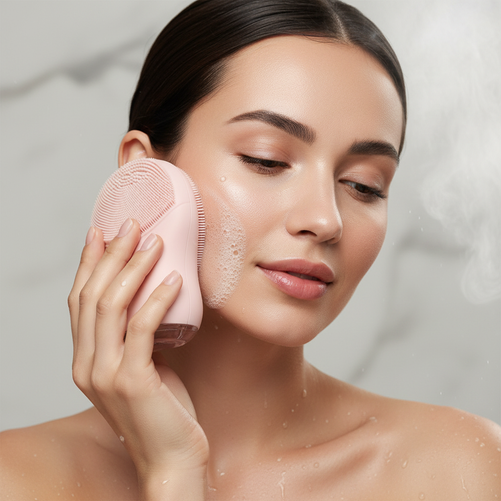 Woman using pink facial cleansing brush – beauty lifestyle