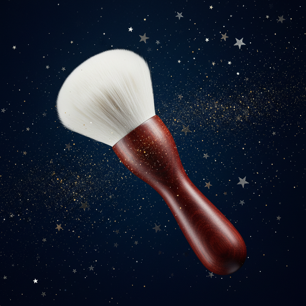 White cloud powder brush on midnight navy with silver stars and gold dust