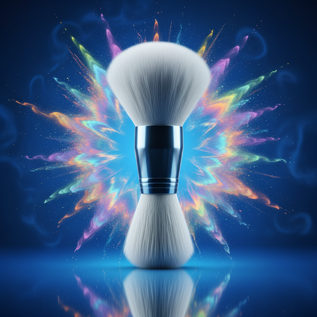 White cloud brush on electric blue with rainbow holographic powder dust explosion