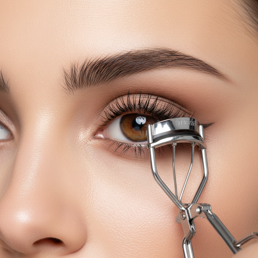 Woman using eyelash curler – close-up eye beauty shot