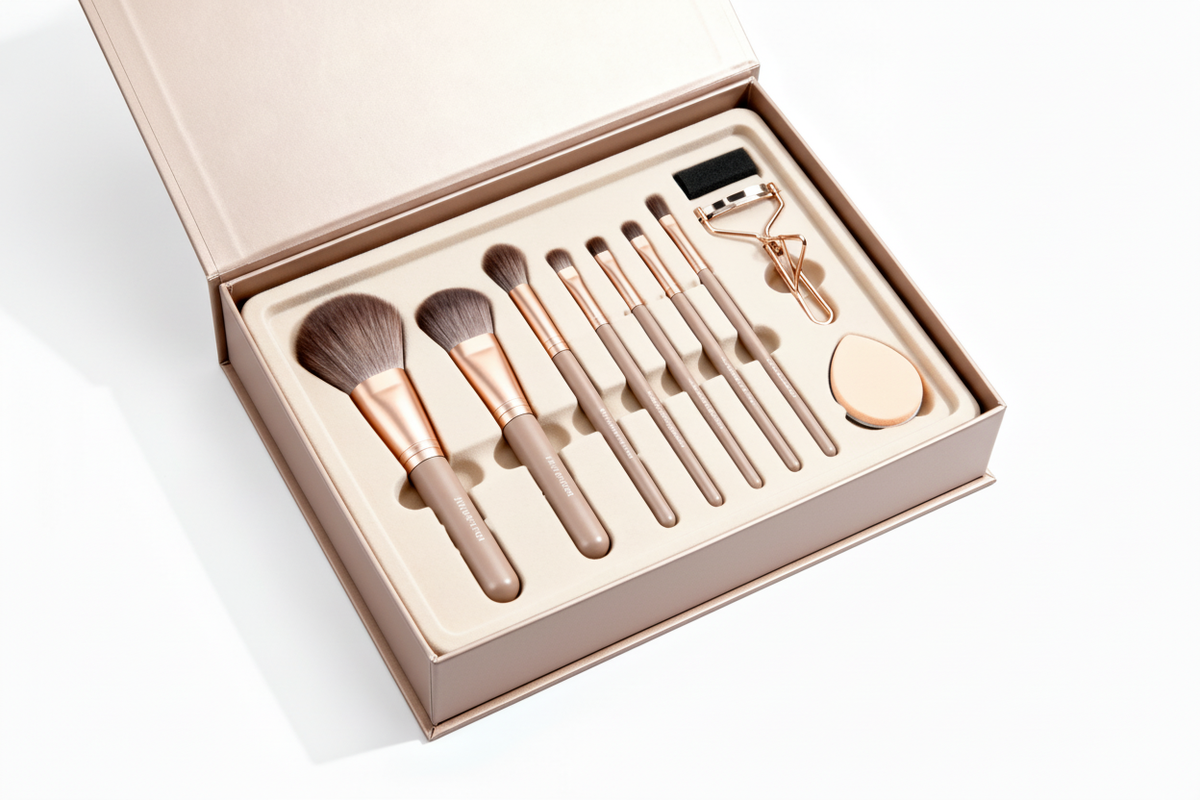 Luxury makeup gift set open box – white background studio shot