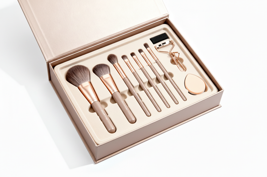 Luxury makeup gift set open box – white background studio shot