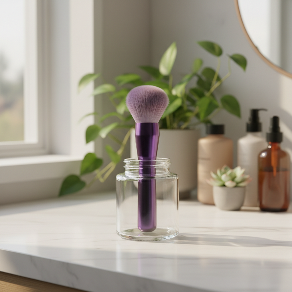 Purple kabuki brush in glass jar on bathroom vanity with plants
