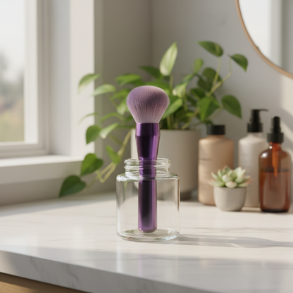 Purple kabuki brush in glass jar on bathroom vanity with plants