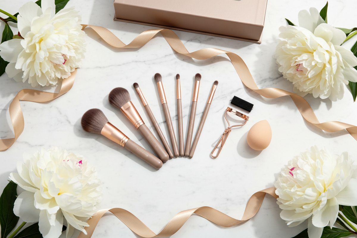 Makeup gift set flatlay on white marble with peonies