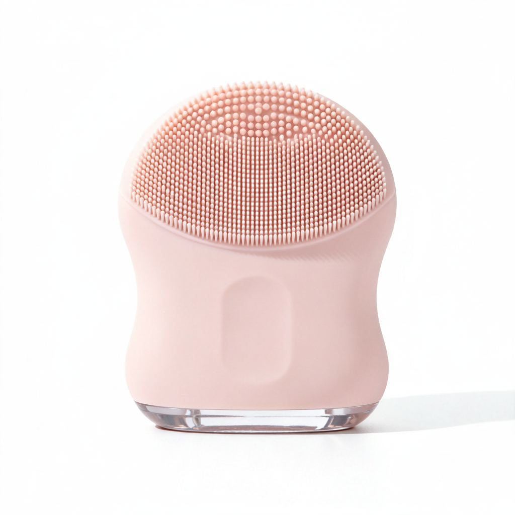 Pink silicone facial brush – white background studio shot