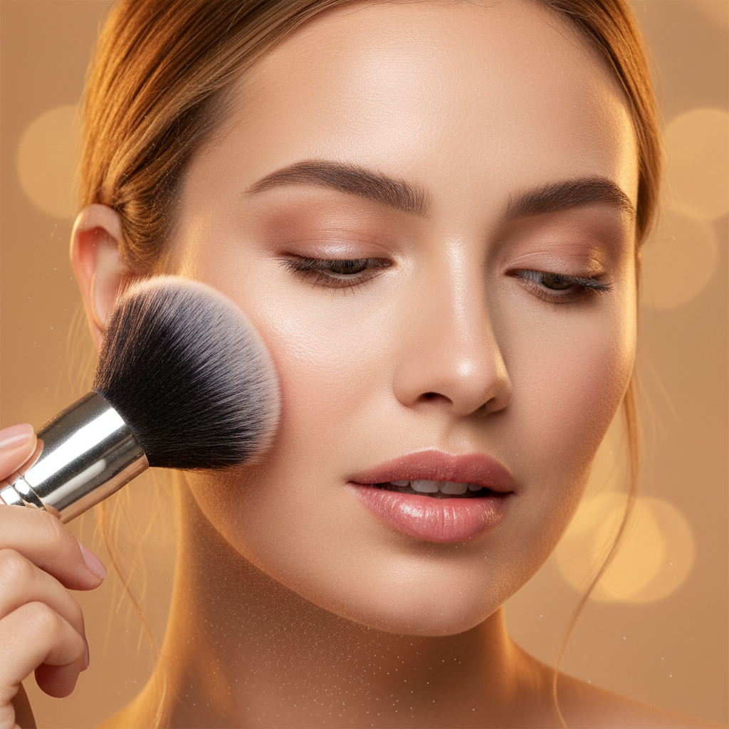 Woman applying setting powder with fluffy kabuki brush beauty portrait