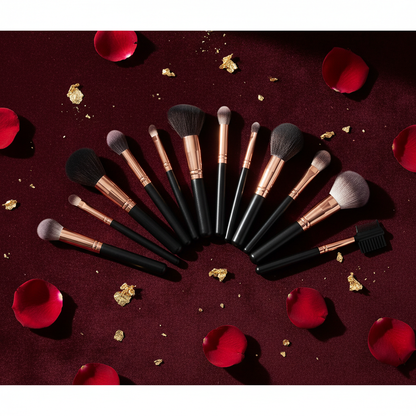 Brushes fanned out on burgundy velvet – opulent editorial