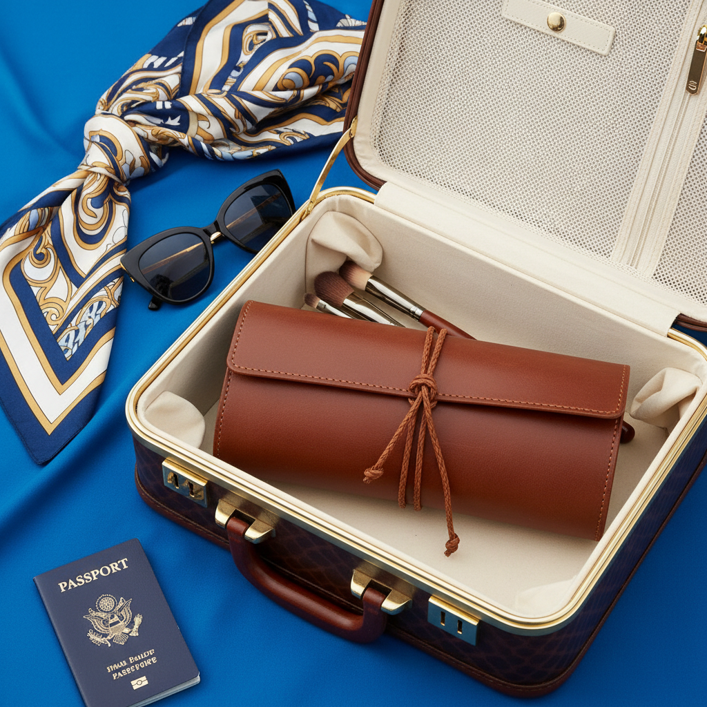 Tied brown leather brush roll in open suitcase on cobalt blue with travel accessories