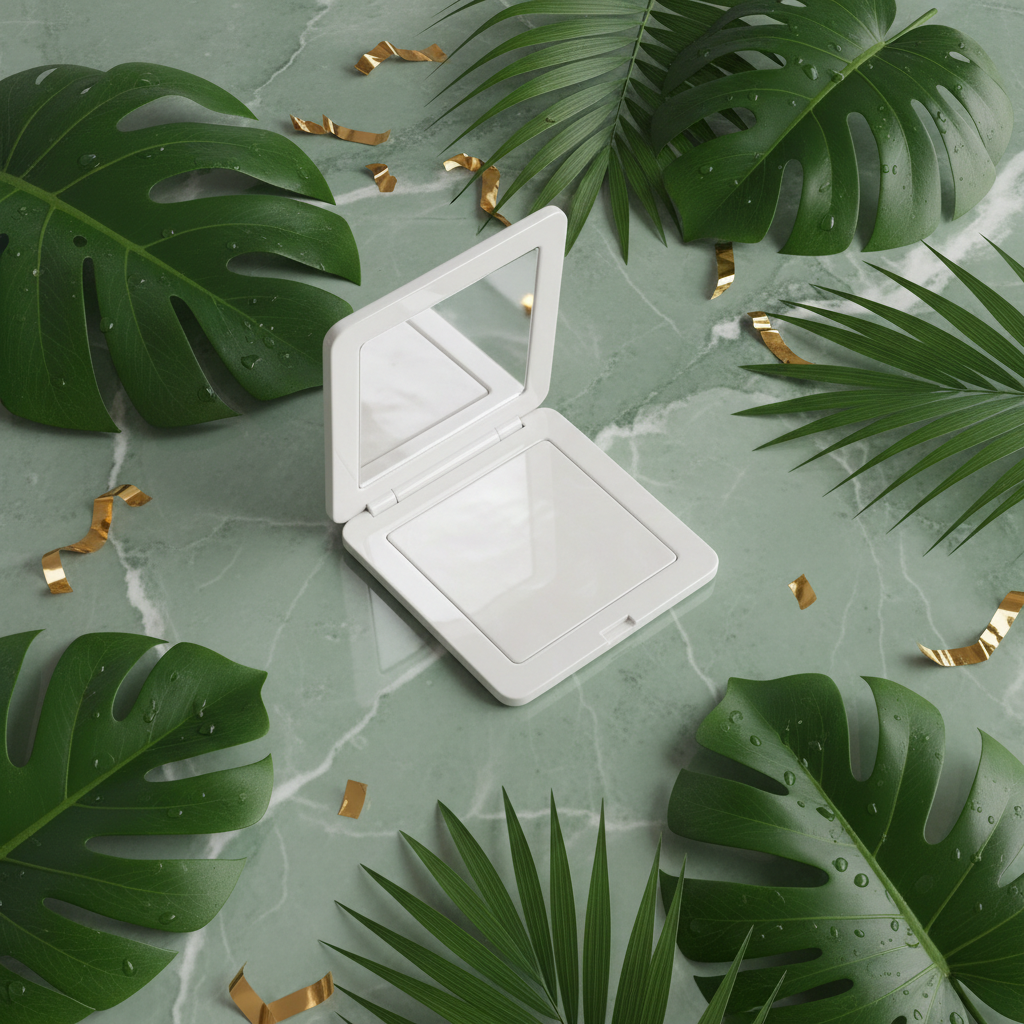 White compact mirror on sage green marble with tropical leaves