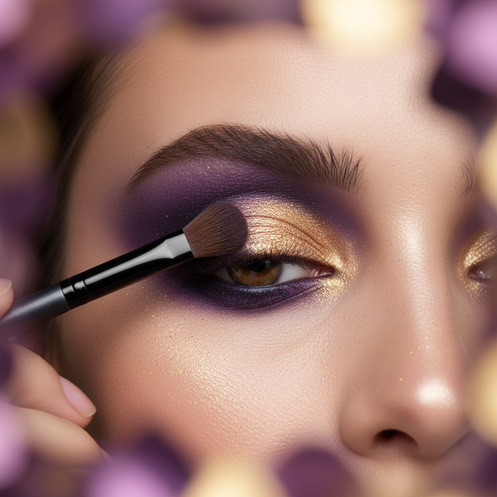 Woman applying eyeshadow with professional makeup brush, purple gold smoky eye