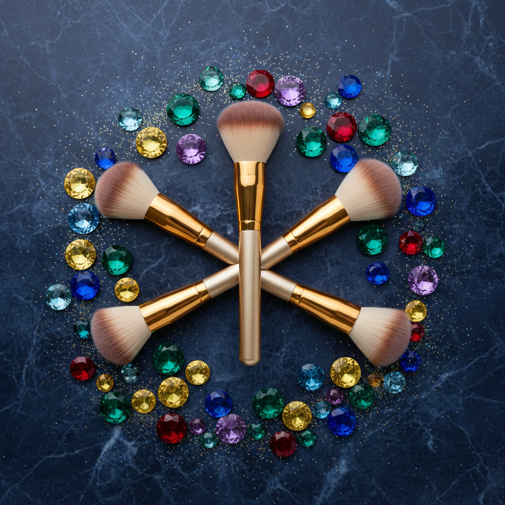 Makeup brushes on navy blue marble with colorful gemstones